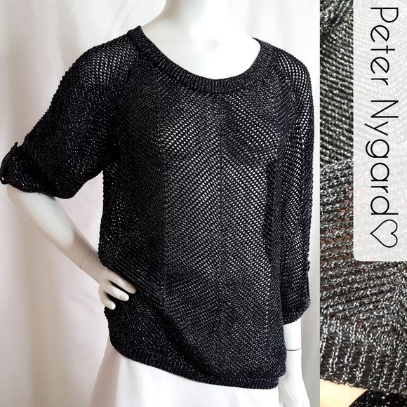 🔖P. Nygard🖤Fishnet Knit Sweater Top w/ 3/4 Sleeves Scoop Neck - Picture 4 of 11